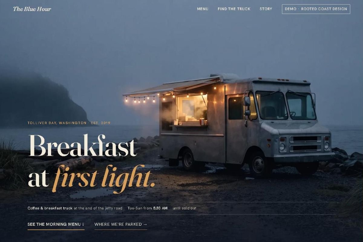 The Blue Hour demo homepage, a coffee and breakfast truck site that warms from pre-dawn to daylight.