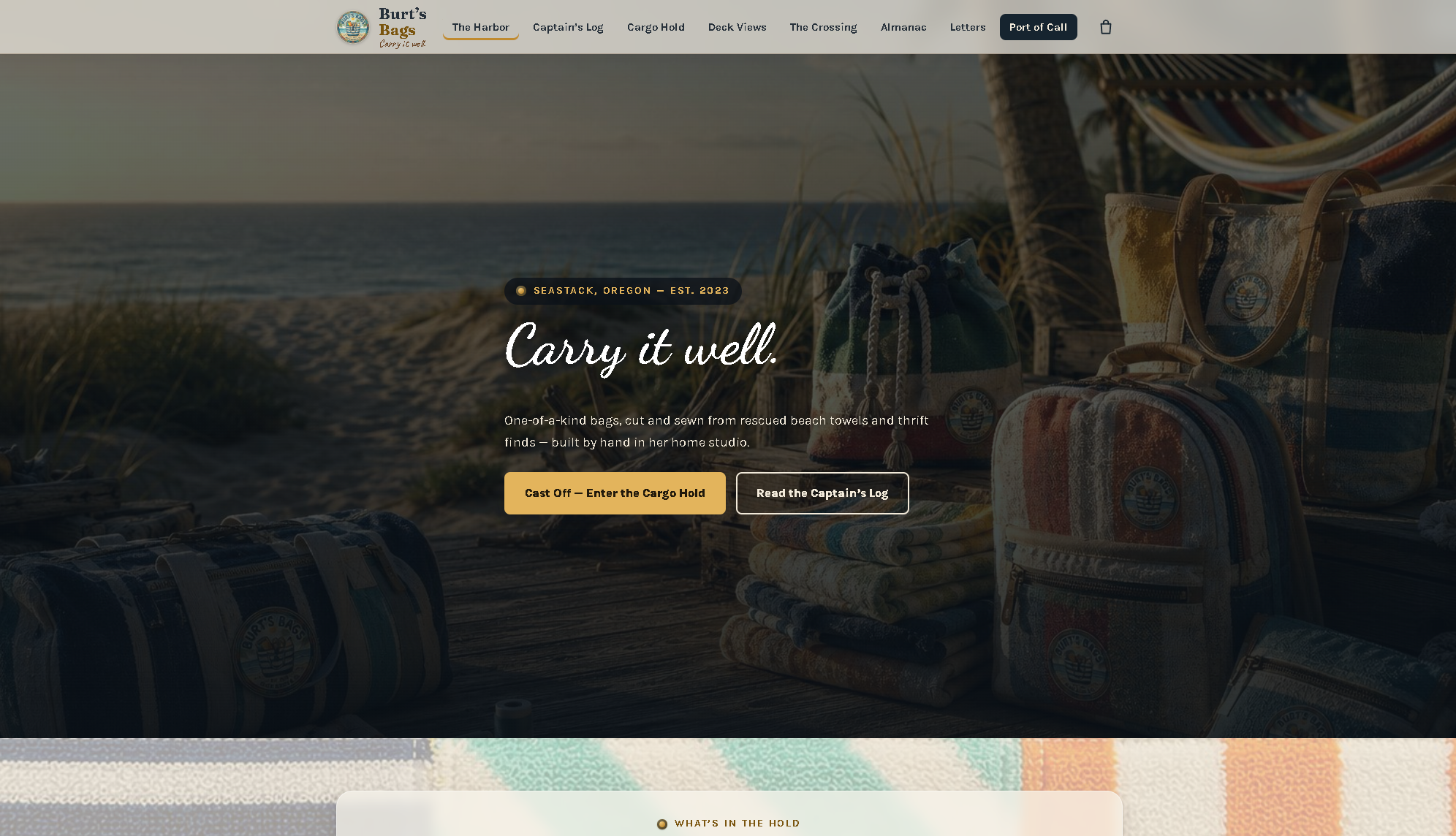 The Burt's Bags demo homepage, a maker and e-commerce site with a product catalog and checkout.