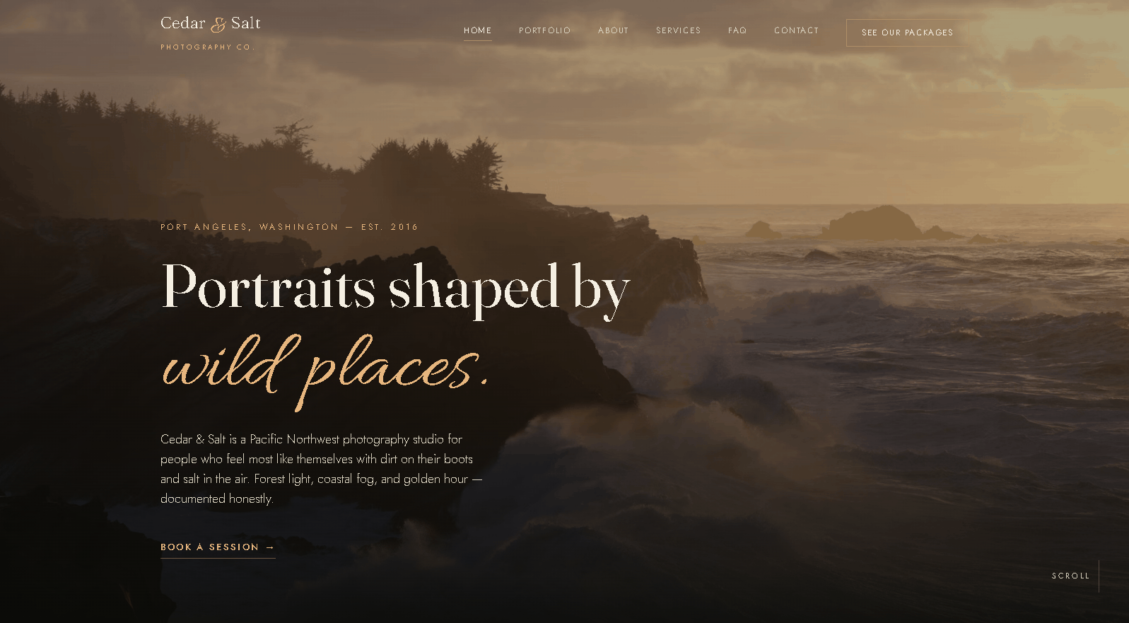 The Cedar and Salt Photography Co. demo homepage with a full-bleed photo gallery.