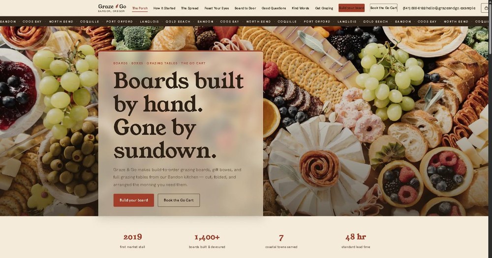 The Graze and Go demo homepage, a charcuterie and catering site with a build-your-own-board cart.