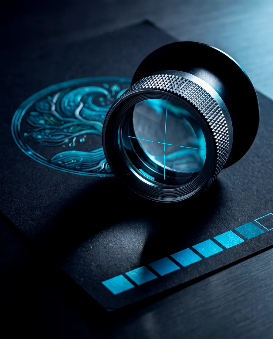 A printer's loupe with a crosshair reticle resting on a foiled emblem card, cyan step scale printed alongside.
