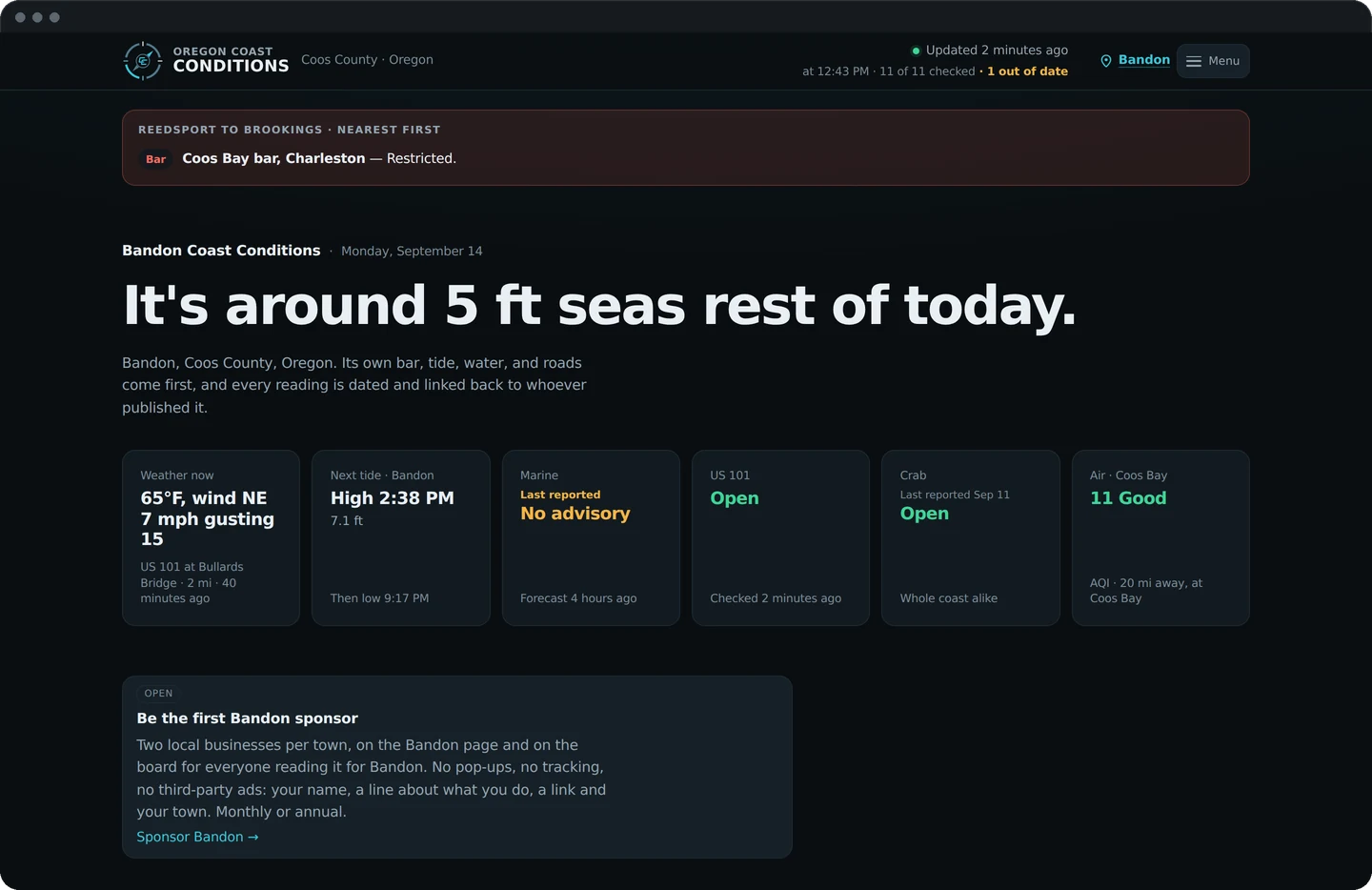 Coast Conditions in a browser: the Bandon board, with the day's alerts, the lede, and tiles for weather, tide, marine, US 101, crab and air.