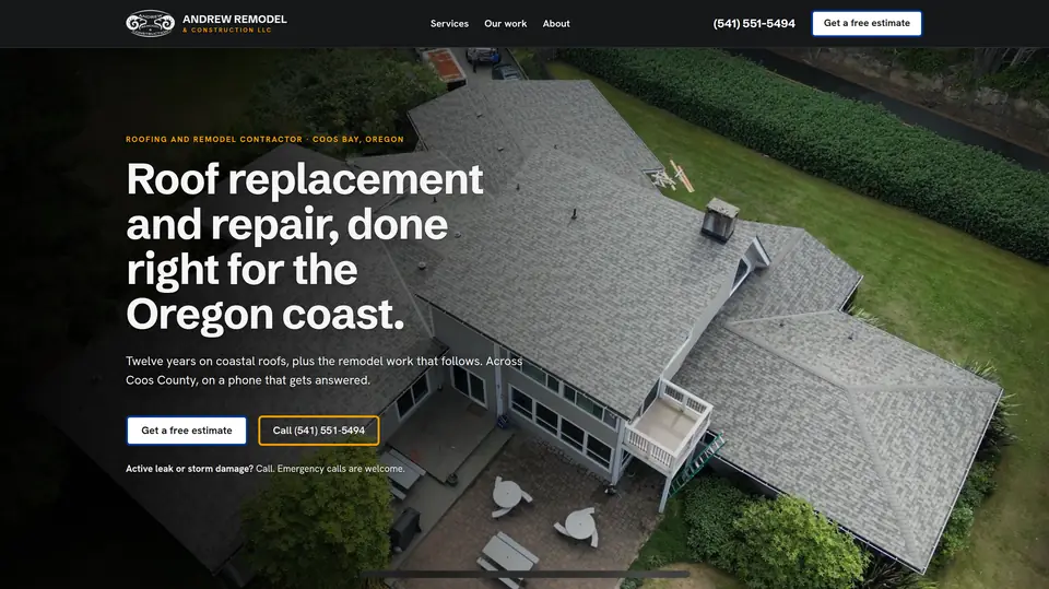 Andrew Remodel and Construction LLC website, roofing and remodel in Coos Bay, built by Rooted Coast Design.
