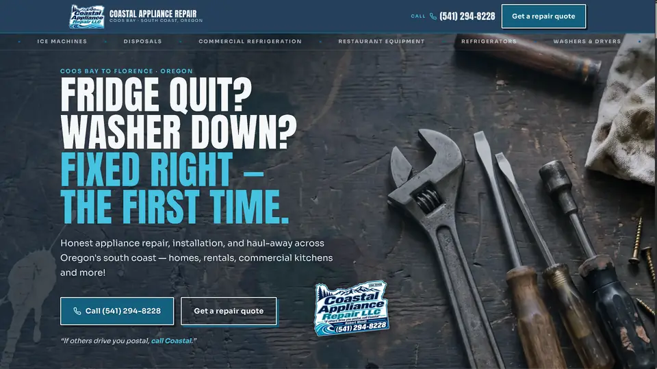 Coastal Appliance Repair LLC website, appliance repair in Coos Bay, built by Rooted Coast Design.