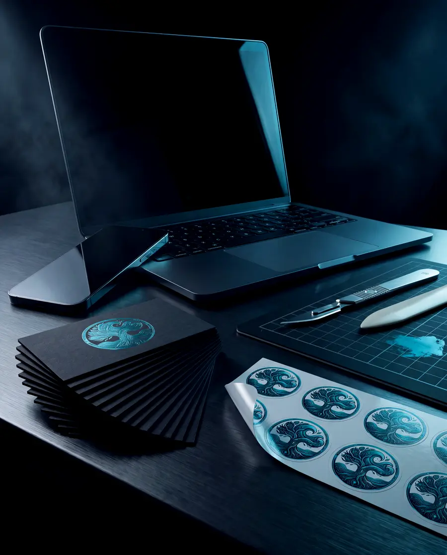 A dark laptop and a stack of black business cards on a steel bench, lit from one side in cold blue light.