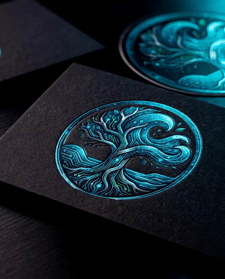 Close macro of a logo mark struck in teal foil on a thick matte black card, the deboss catching a raking light.