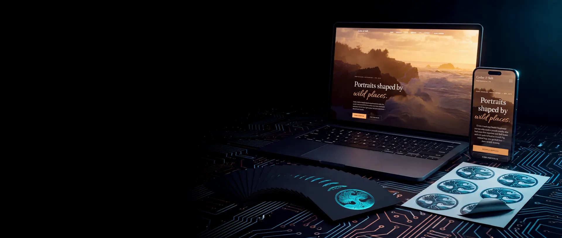 A laptop and phone showing the Cedar and Salt photography demo site, with matte black business cards and cyan foiled leaf stickers on a studio bench.
