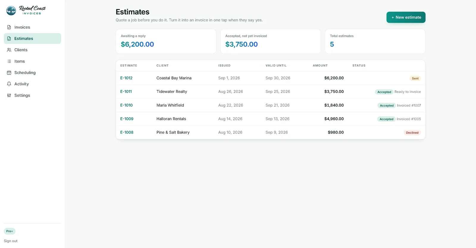 Estimates list with sent, accepted, and declined quotes