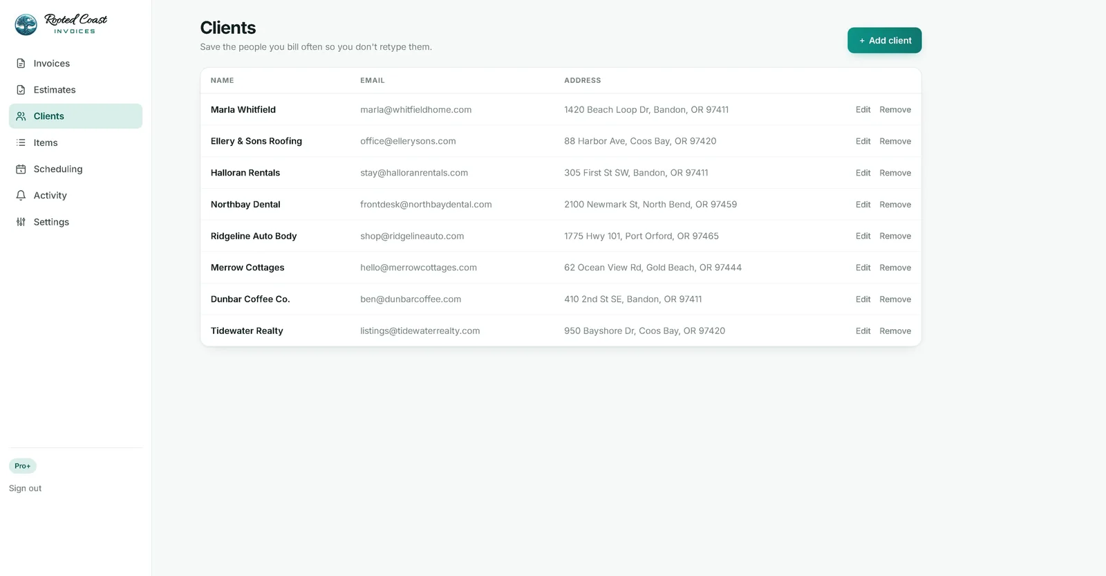 Saved clients list