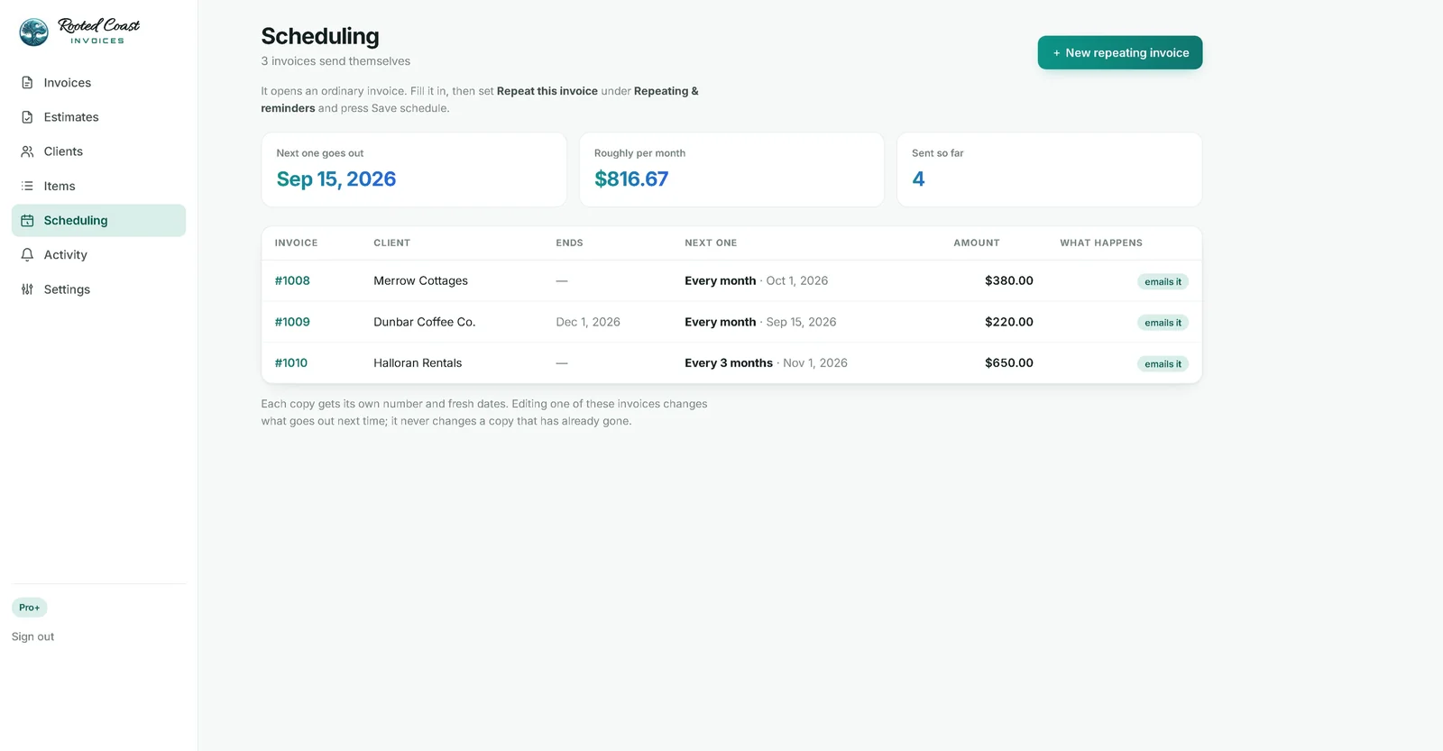 Scheduling: repeating invoices that send themselves