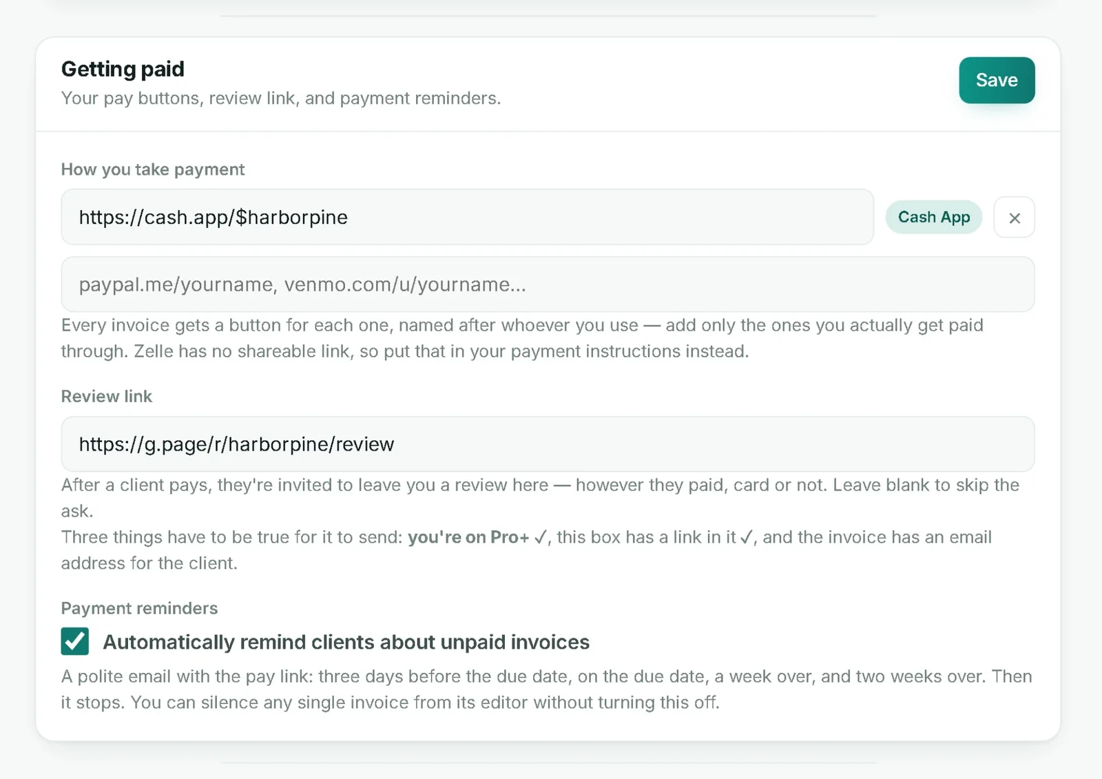 Getting paid settings: pay buttons, review link, automatic reminders