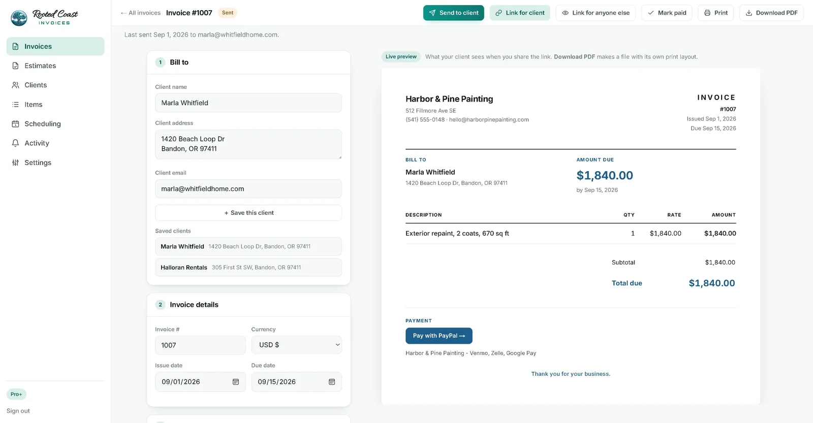 Invoice editor with a live preview of the finished invoice