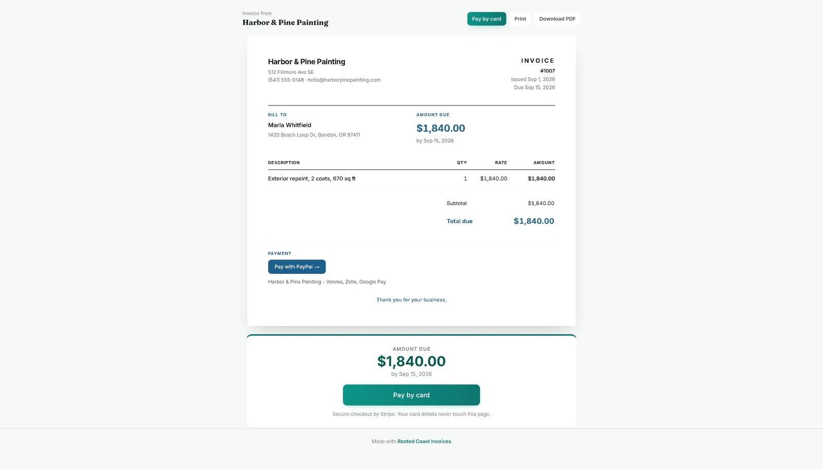 What the client sees: the invoice with a Pay by card button