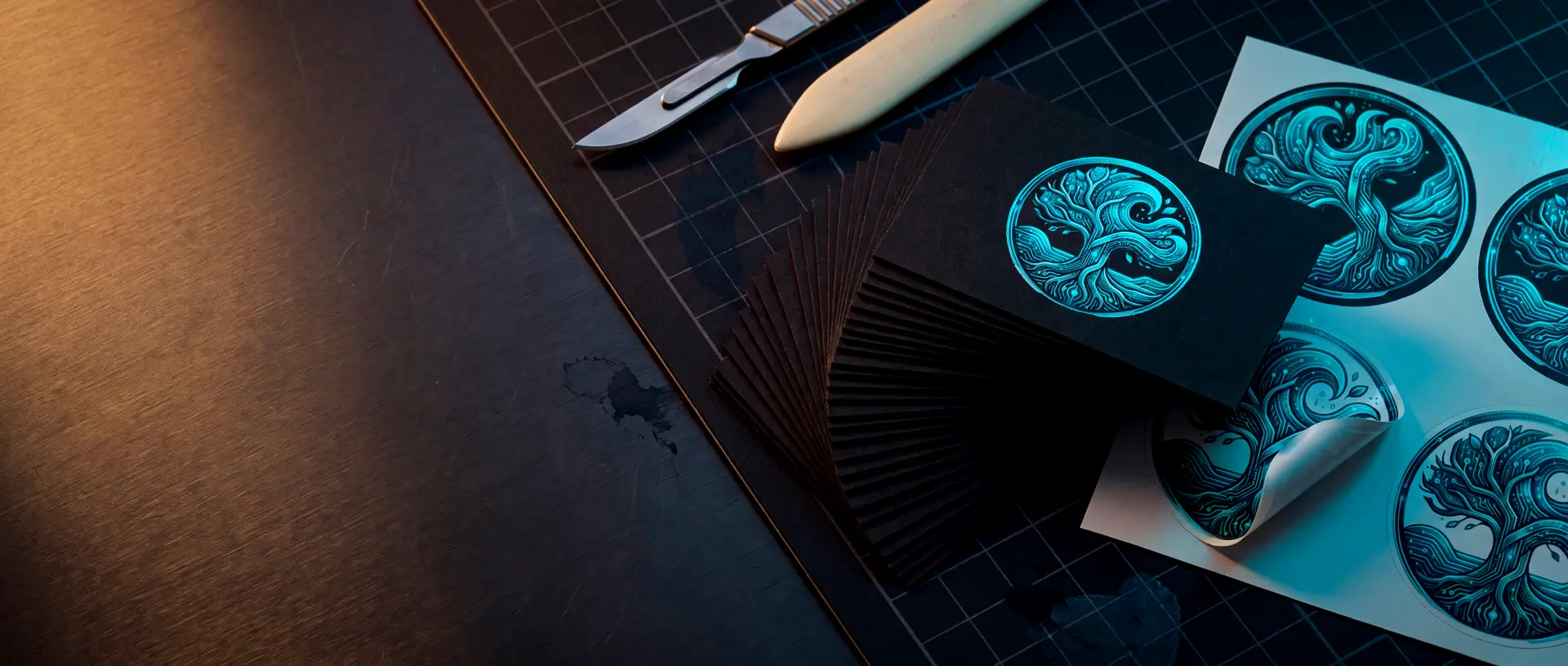 Black business cards fanned across a cutting mat beside a sheet of die-cut stickers, a scalpel and a bone folder on the bench.