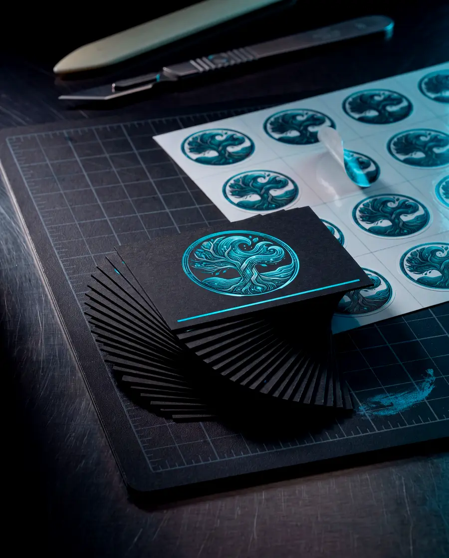 A fanned stack of matte black business cards and a sheet of die-cut vinyl stickers on a cutting mat, with a scalpel and bone folder.