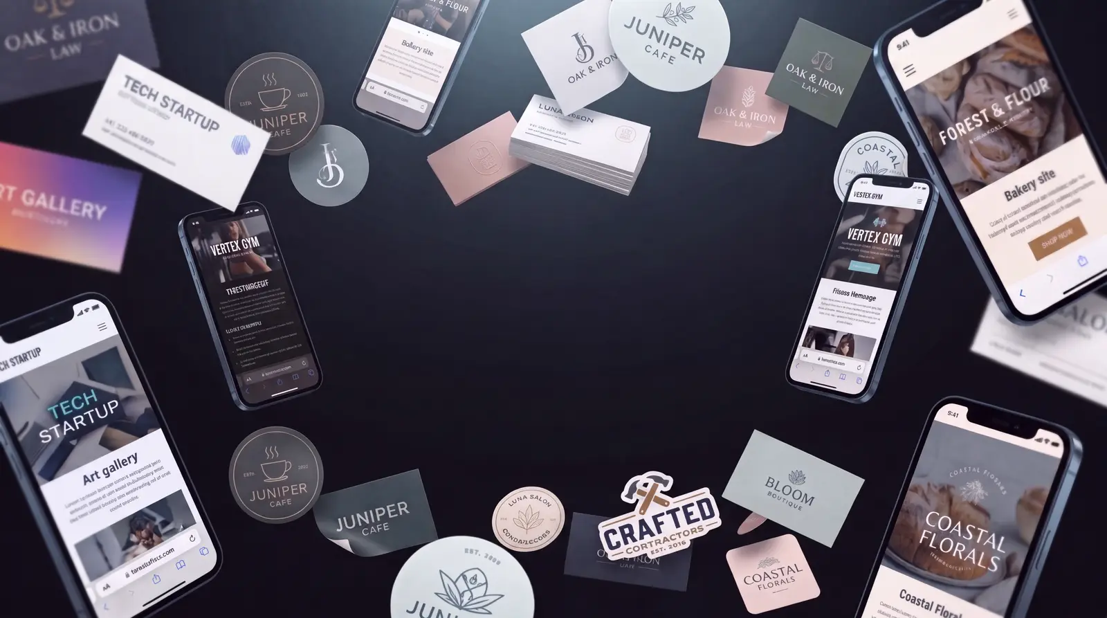 Sample brand collateral: business cards, stickers and phones showing different website homepages.