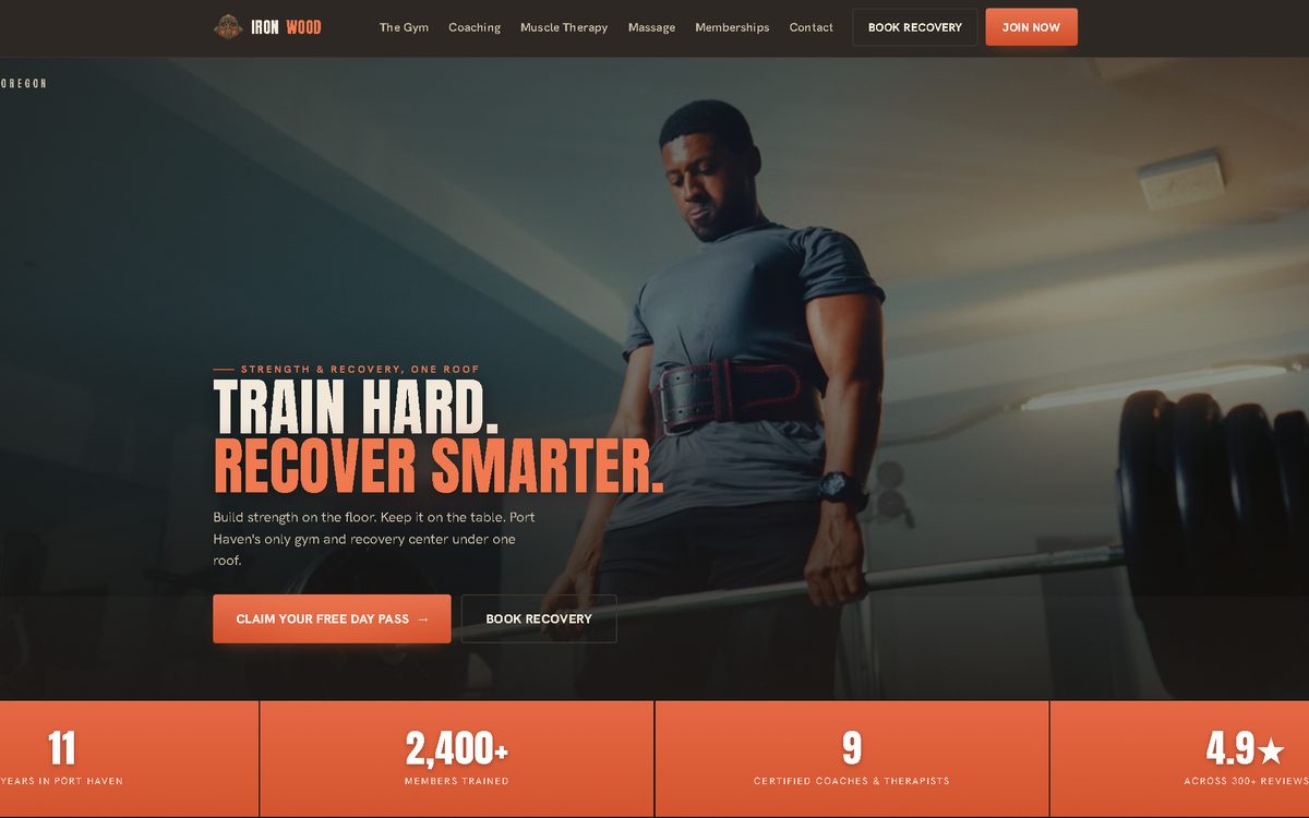 The Ironwood Strength and Recovery demo homepage, a gym and recovery site with membership tiers.