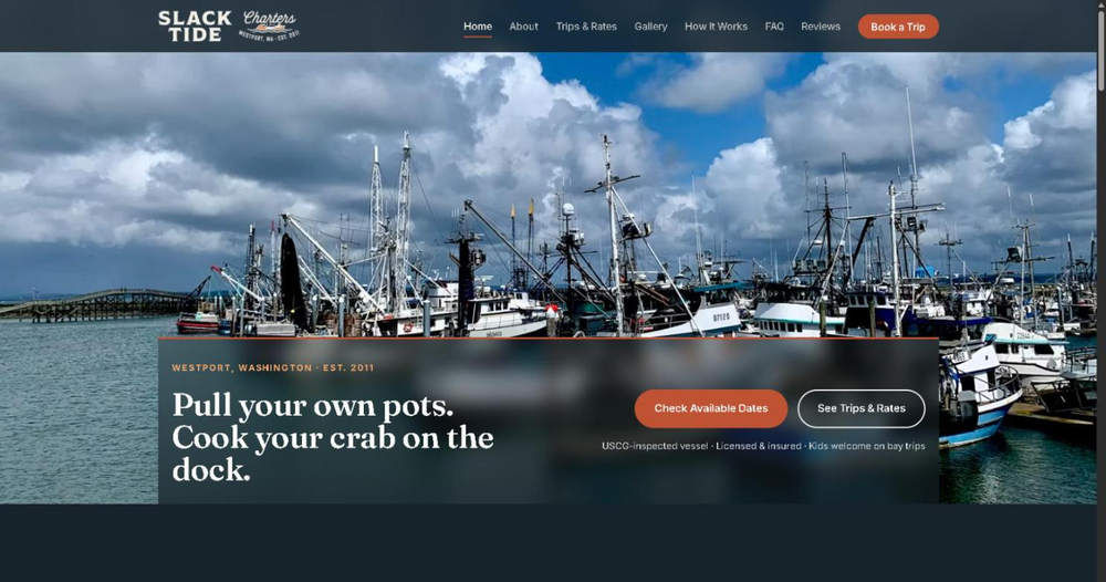 The Slack Tide Charters demo homepage, a fishing-charter site with price-forward trip cards.