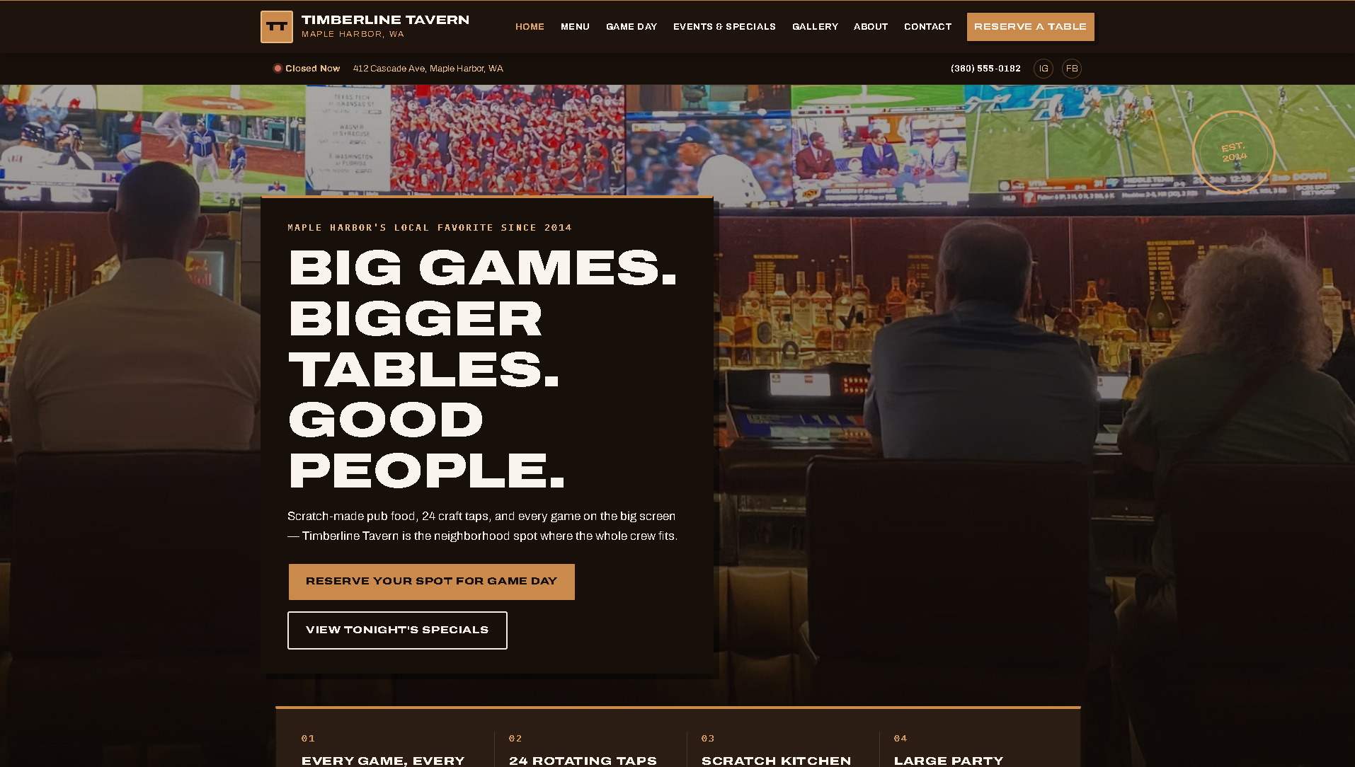 The Timberline Tavern demo homepage, a sports bar and grill site with a scoreboard-style game-day page.
