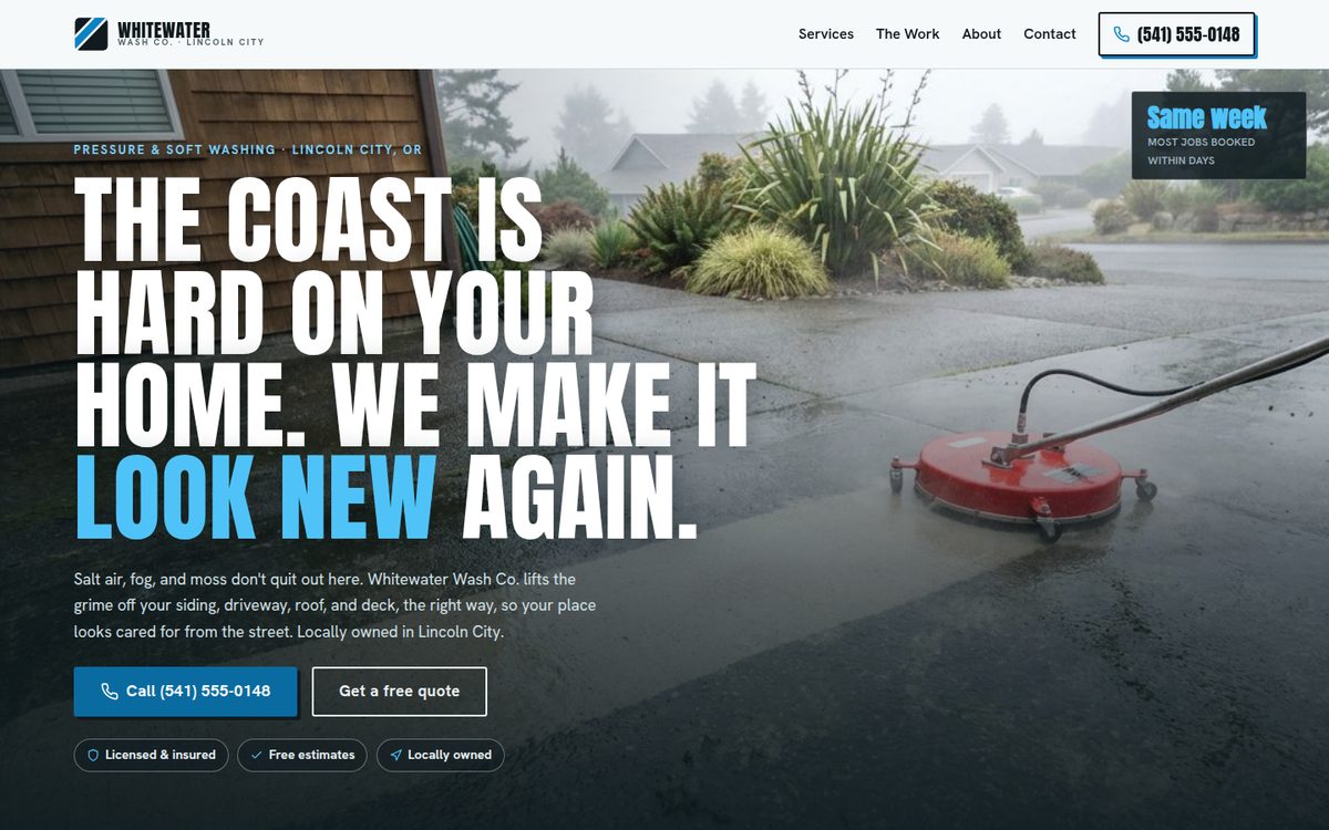 The Whitewater Wash Co. demo homepage, a pressure-washing site with a full-screen photo hero.