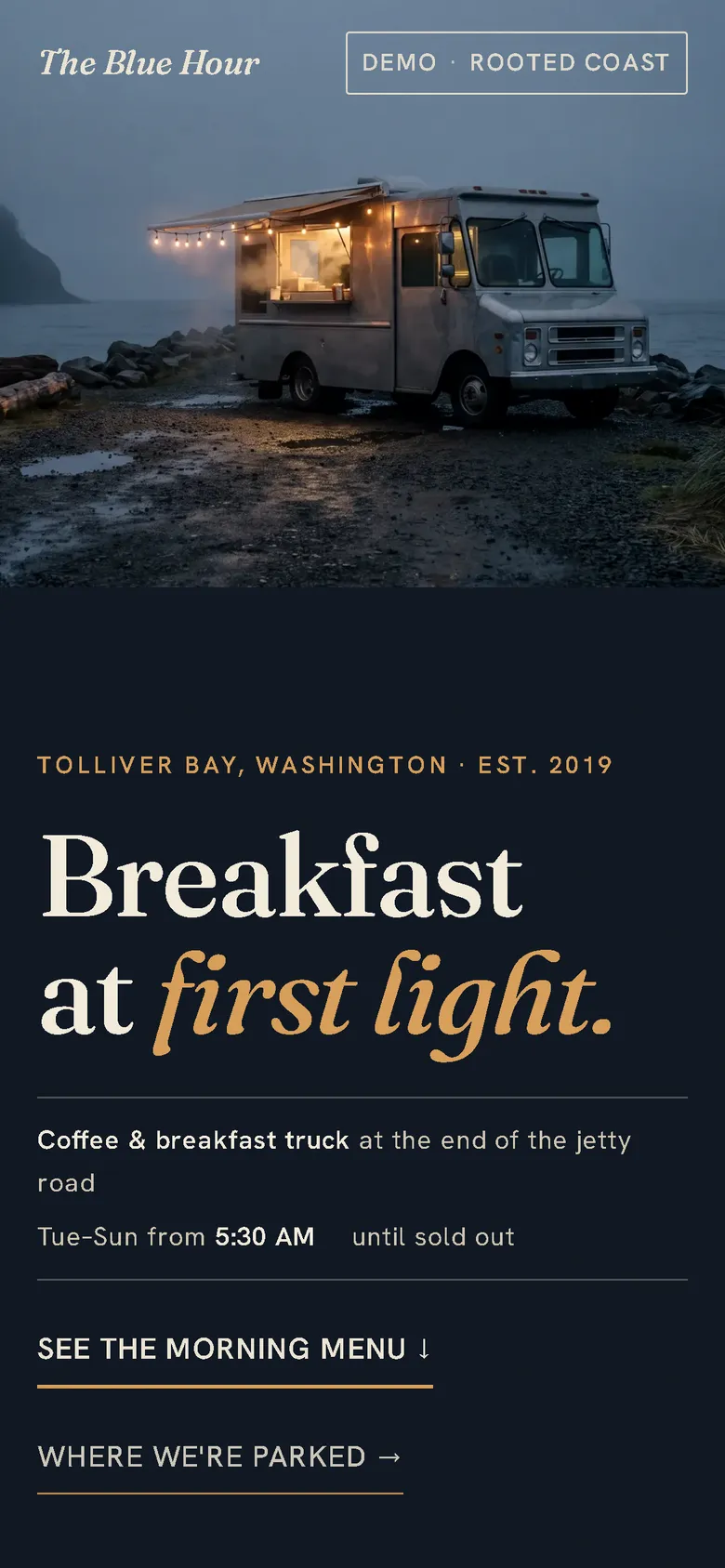 The Blue Hour demo site on a phone, a coastal coffee and breakfast truck.