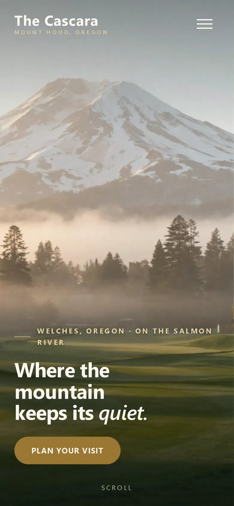 The Cascara demo site on a phone, a Mount Hood lodge and retreat.