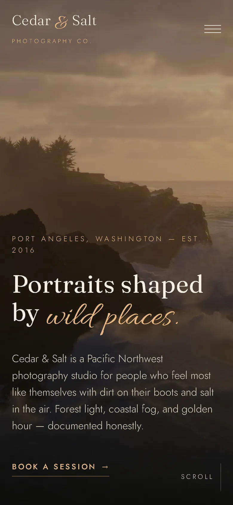 Cedar & Salt demo site on a phone, a Pacific Northwest photography studio.