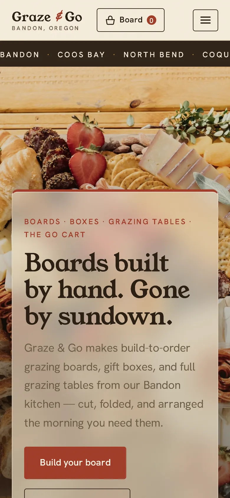 Graze & Go demo site on a phone, handmade grazing boards and boxes.