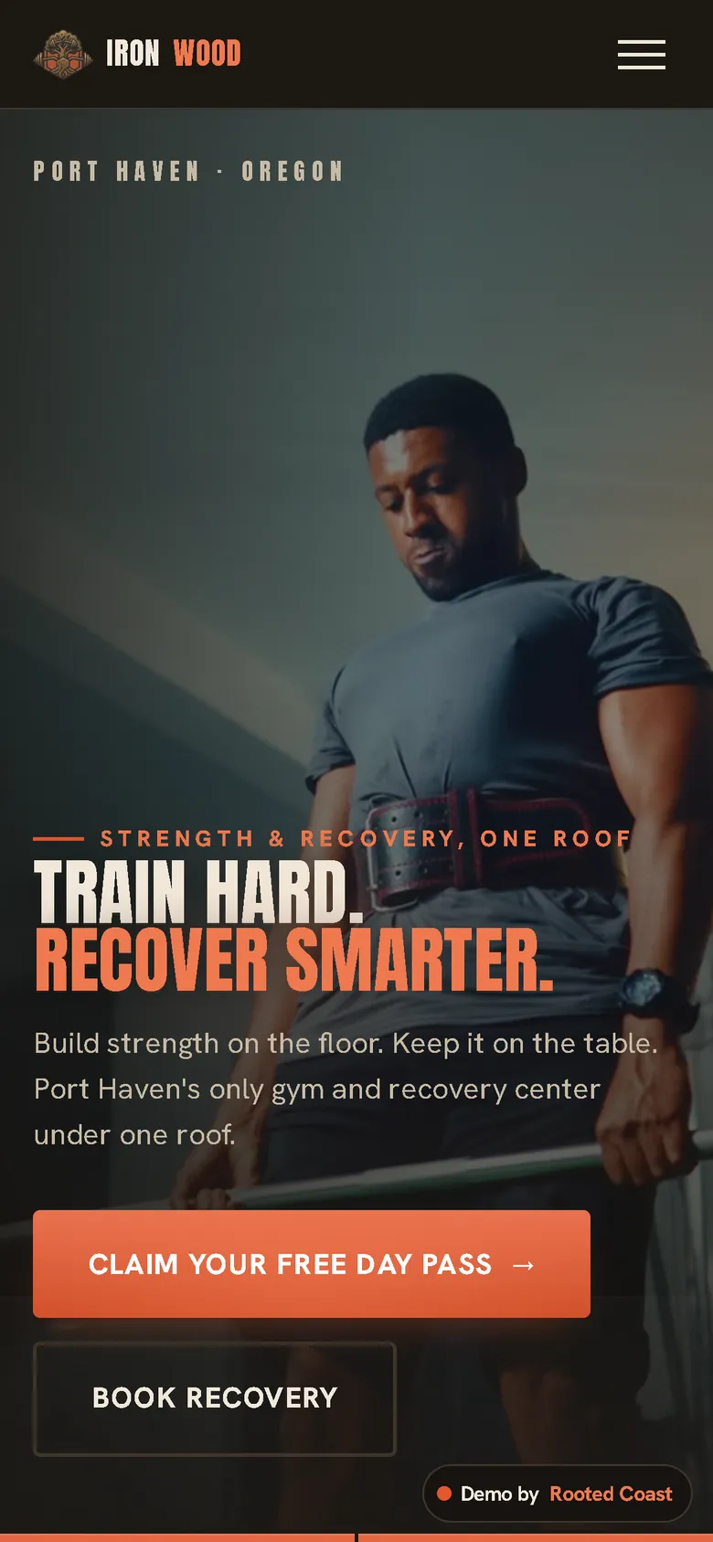 Ironwood demo site on a phone, a gym and recovery center.