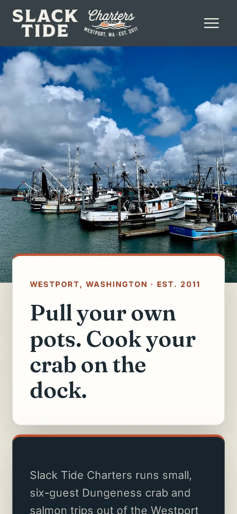 Slack Tide demo site on a phone, Dungeness crab and salmon charters.